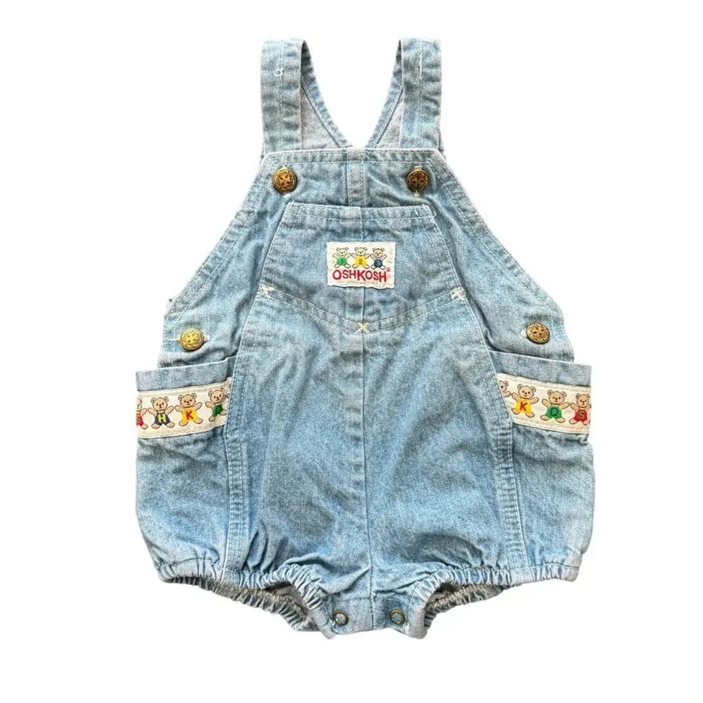 Vintage OshKosh B'Gosh Vestbak Denim Bubble Romper Teddy Bear Trim Size 12 M
